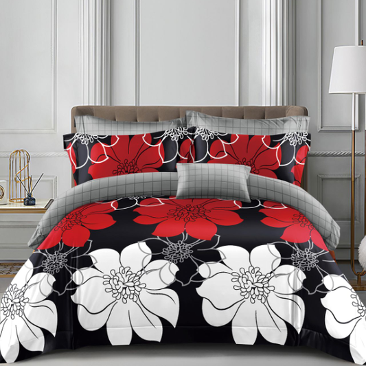 Lenjerie de pat 2 Persoane din bumbac satinat cu 4 piese Neagra cu Flori