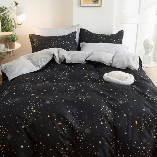 Lenjerie de pat 2 Persoane din bumbac satinat cu 4 piese Neagra cu Cer Instelat