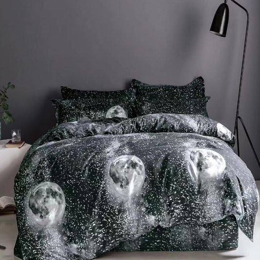Lenjerie de pat 2 Persoane din bumbac satinat cu 4 piese Neagra cu Luna